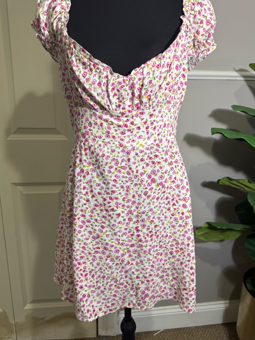 Zara Pink Floral Mini Dress with Green Accents size medium